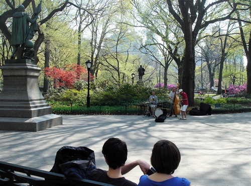 People sitting on a bench in Central Park.
